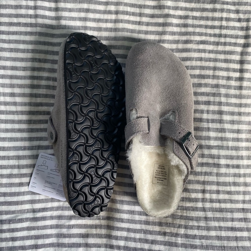 Boston Shearling Suede Leather Birkenstock in Stone Coin